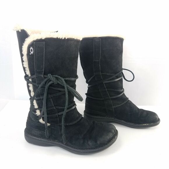 UGG Catalina Laced Black Nubuck Leather Sheepskin Boots Faux Fur Lined Size 6 - Picture 2 of 7